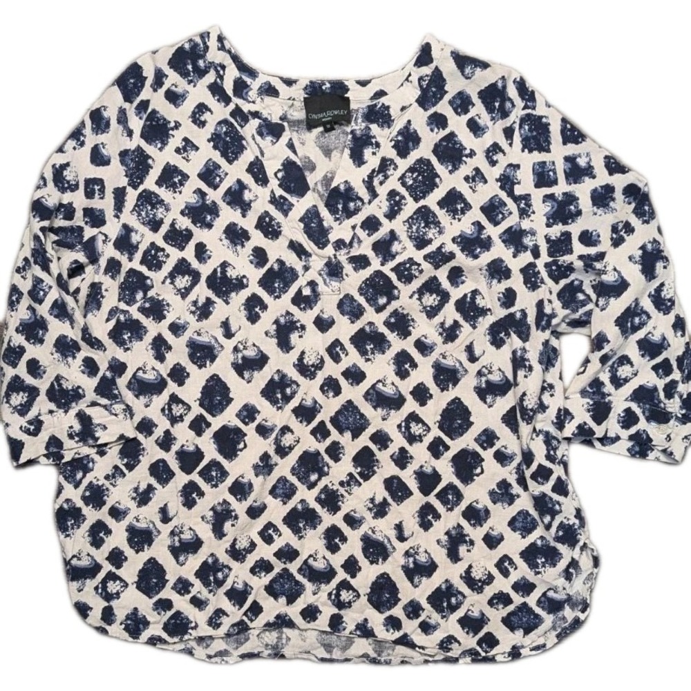 Boxy 1X Popover Tunic Blouse 3/4 Sleeve Linen Blend Lagenlook Boho Beachy V Neck
